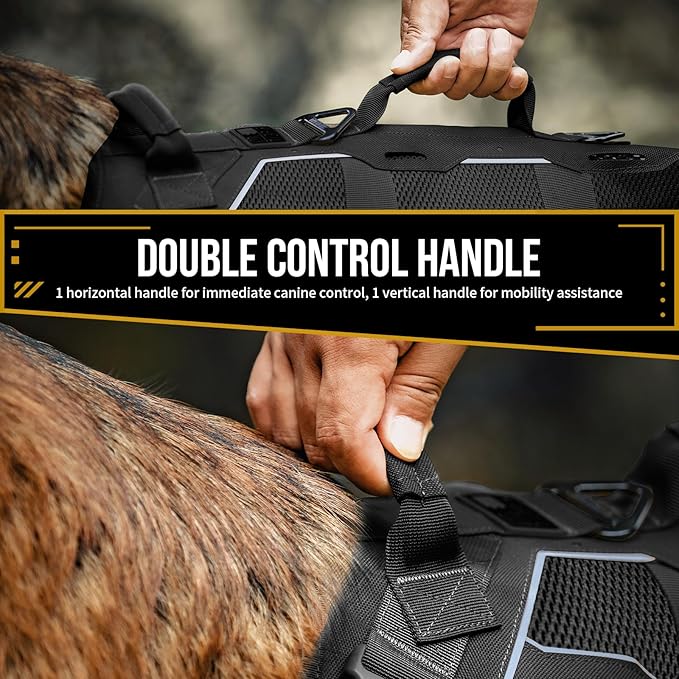 OneTigris Tactical Dog Harness for Large Dogs, Adjustable Tactical Dog Harness with Handles, Reflective Vest Heavy Duty & Breathable Military Assistance Vest with No Pull Buckle, Black