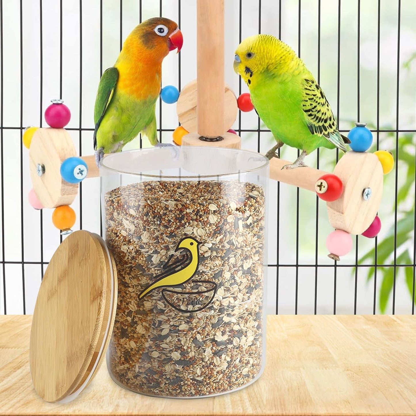 Bird Seed Storage Container,Circle Glass Bird Food Container with Airtight Wood Lid,Pet Food Storing with Birds Seed Scoop,for Wild Small Birds Food Storage,Birdfeed,Nuts(Clear)