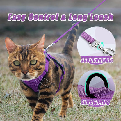 Cat Harness and Leash Set,Escape Proof Adjustable Cat Harness,Soft and Breathable Kitten Harness and Leash with Reflective Strips for Walking and Traveling(Purple, Small(8.9-16.6lb))