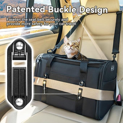 PETSFIT Cat Car Carrier for Small/Medium Cats Dogs, 18"x11"x11" Airline Approved Cat Carrier, with Patent Safety Buckles and Escape-Proof Zipper - Safeguarding Car Travel, Airplane, Vet, Outdoor