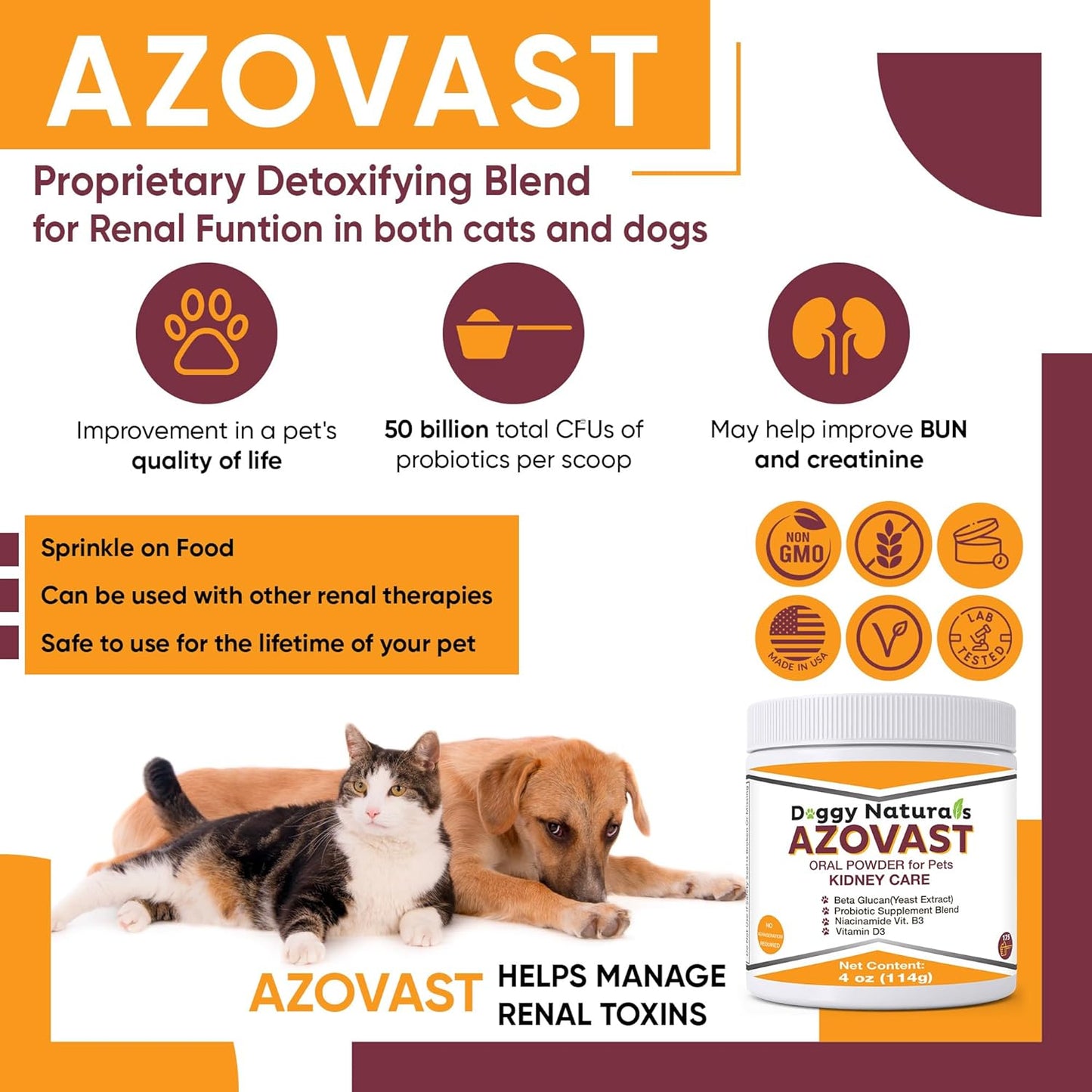 Azovast Powder Kidney Restores & Kidney Powder for Dogs & Cats, (4 Oz) - (175 Scoop/Jar) NO Refrigeration Required - Help Support Kidney Function & Manage Renal Toxins (Made in U.S.A) (4 Oz)
