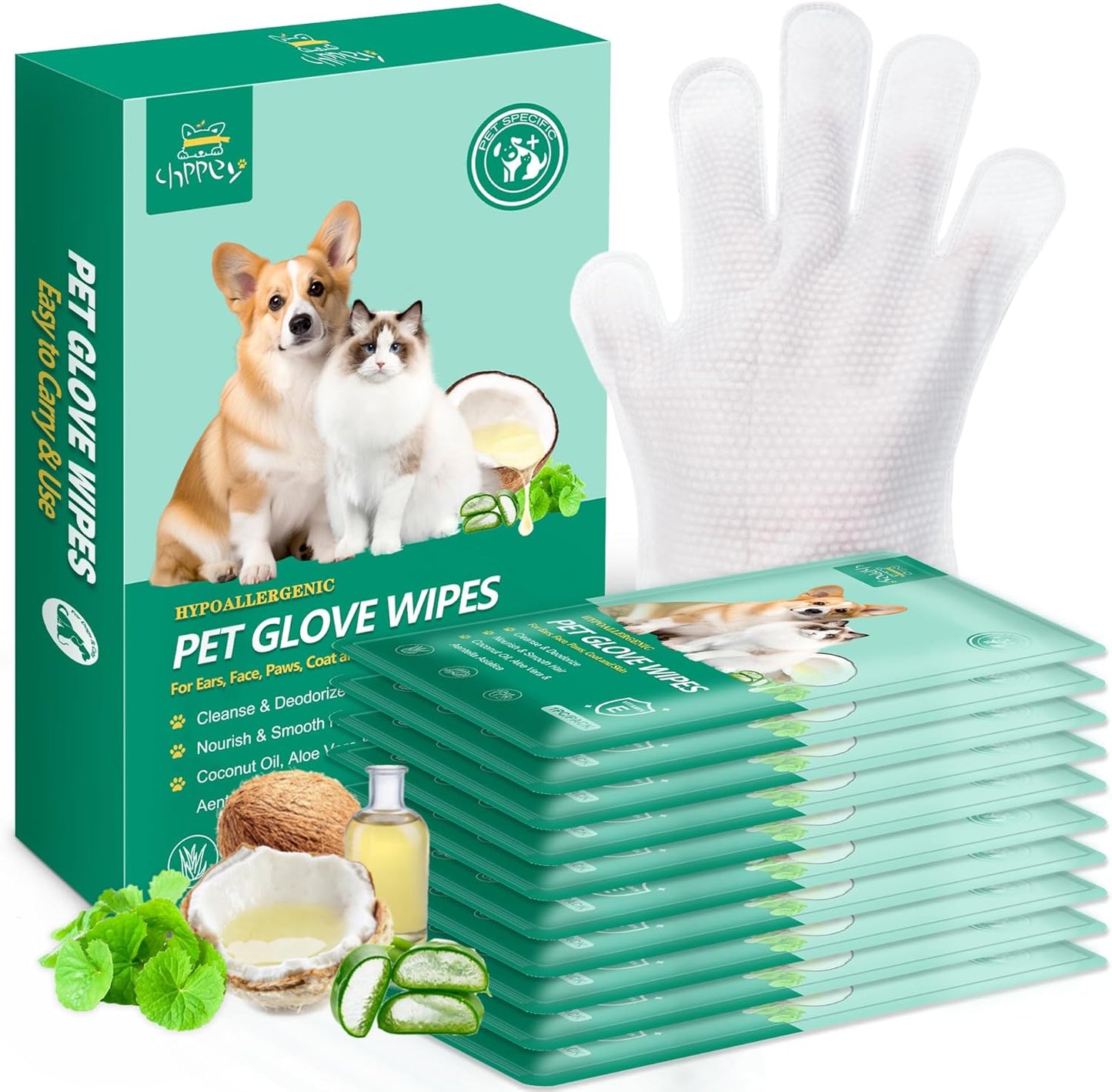10 PCS Pet Cleaning and Deodorizing Bathing Grooming Glove Wipes for Dogs and Cats, Extra Thick Nourish Fur No-Rinse Grooming Wipes for Daily Care and Travel, Hypoallergenic