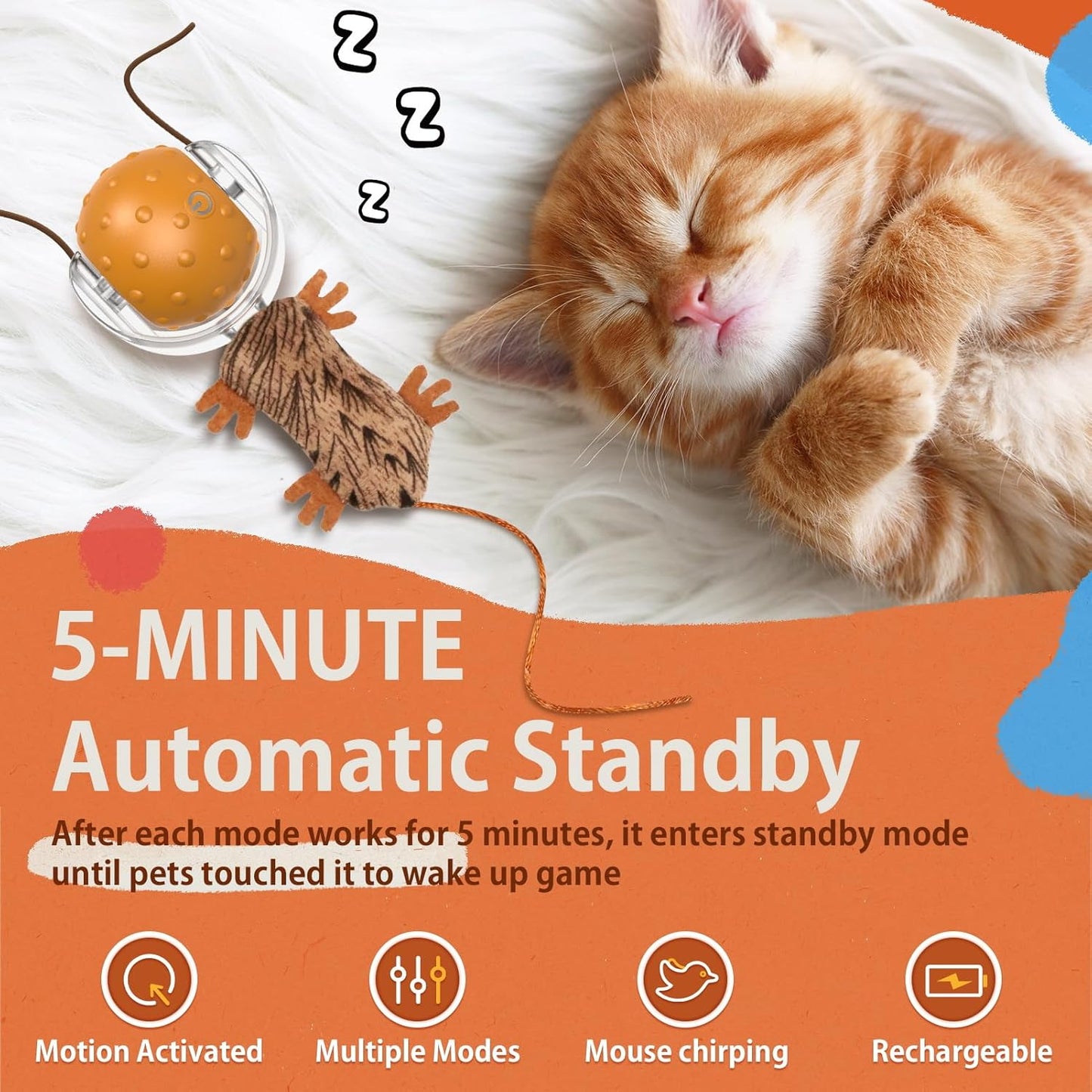 Cat Toys Interactive Self Rolling Cat Balls with Mouse Tails Automatic Moving Fast on Carpet, Rechargeable & Motion Activated