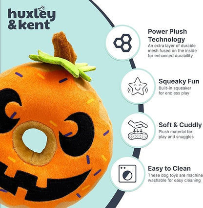 Huxley & Kent Halloween Funny Dog Toy w/Squeaker – Power Plush Squeaky Dog Toys for Small, Medium & Large Dogs – Soft Stuffed Animal for Indoor Play & Fetch - Pumpkin Donut, One Size