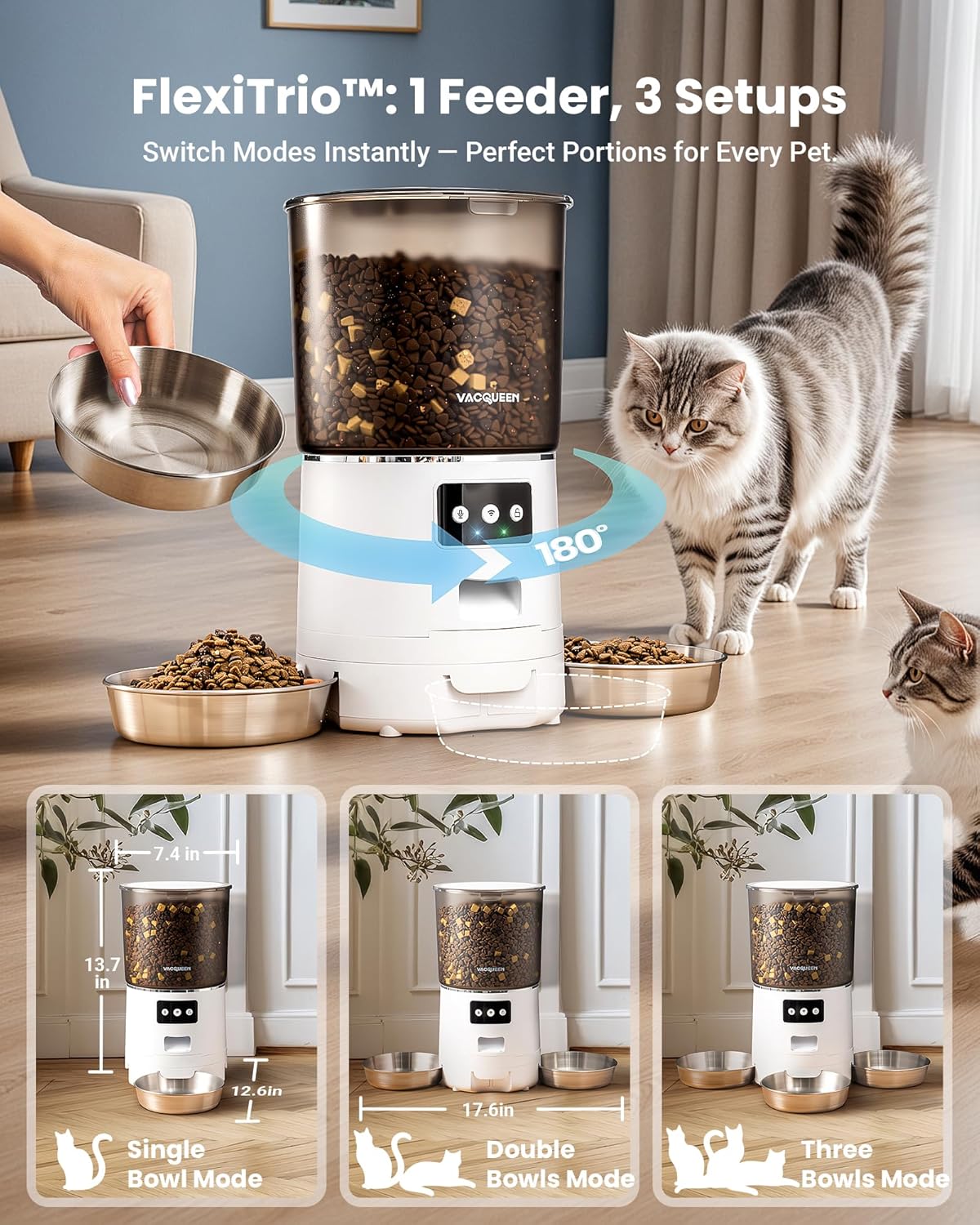 Automatic Cat Feeder for 3 Cats, 6L/25 Cup Cat Food Dispenser with Strong Anti-Jam System, Dual-Effect Desiccant, Smart WiFi App Control Pet Feeder, Automatic Dog Feeder for Cats and Small Dog