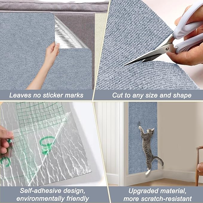 Cat Scratching Mat, 118.5"x15.9" Trimmable Self-Adhesive Cat Scratch Carpet, Couch Protector from Cats Claws, Furniture Corner Protectors for Cats, Indoor Furniture Protection for Chair (Light Gray)