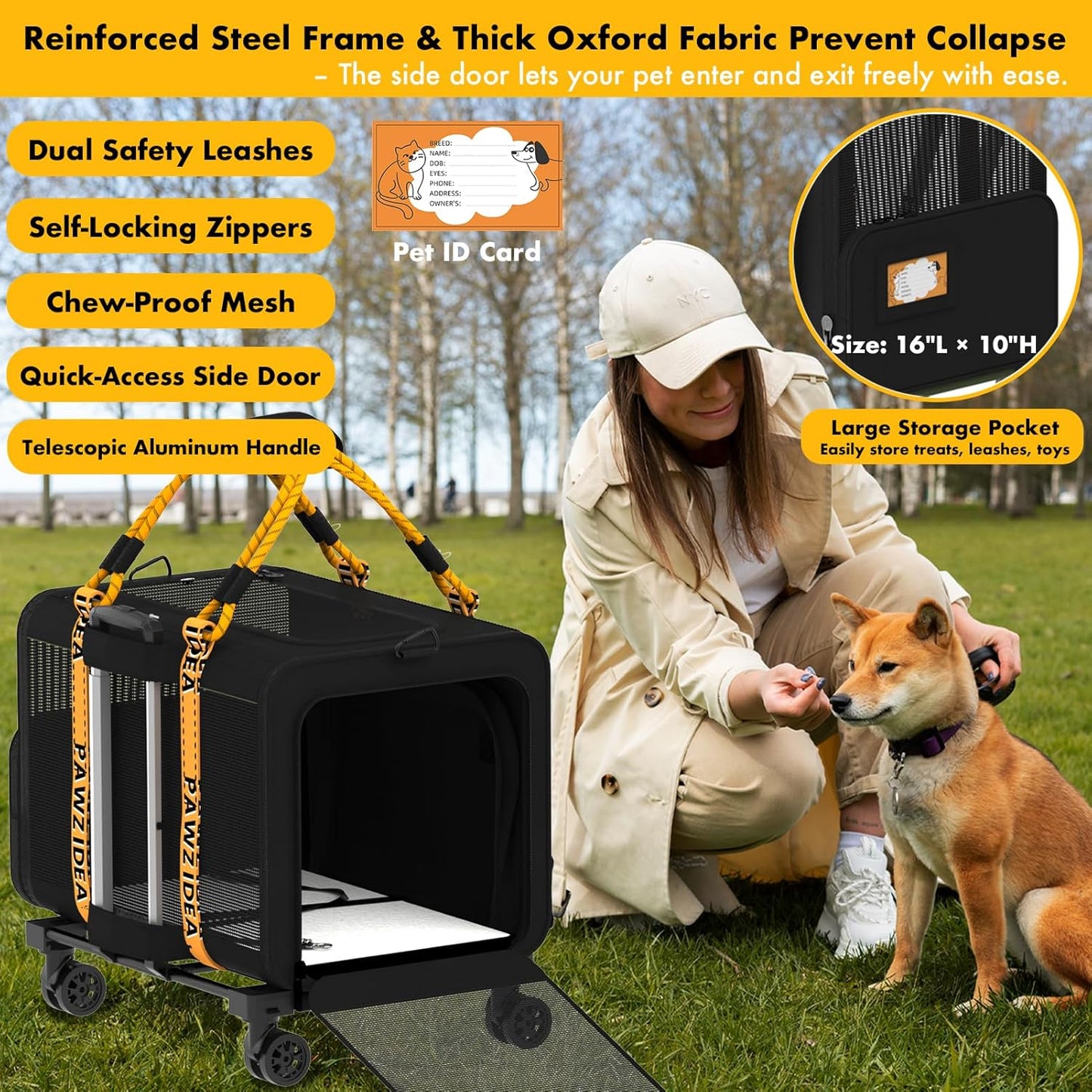 PAWZIDEA Expandable Large Pet Carrier with Wheels, 24x16x16 in Rolling Cat Carrier for 2–4 Cats up 55lb, Soft-Sided Collapsible Small Medium Dog Crate for Car Travel, Telescopic Handle, Storage Pocket