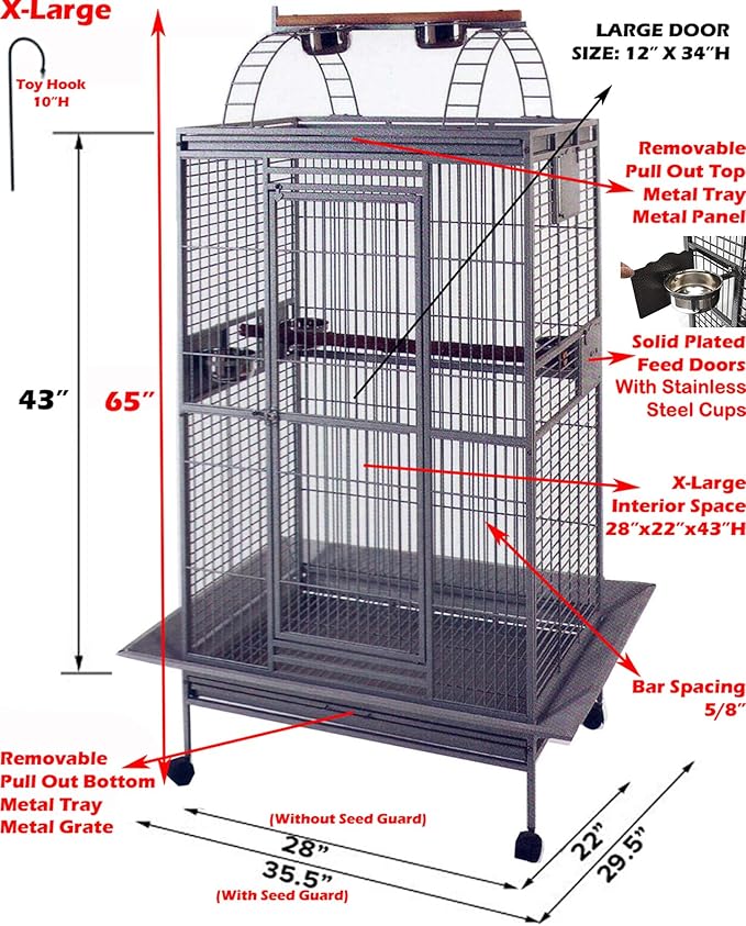 X-Large Elegant Play Top Bird Cage Parrot Finch Macaw Cockatoo Bird Wrought Iron Rolling Cage 28" x 22" x 75"H