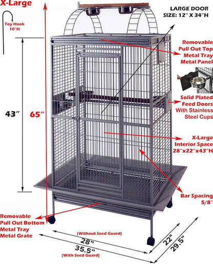 X-Large Elegant Play Top Bird Cage Parrot Finch Macaw Cockatoo Bird Wrought Iron Rolling Cage 28" x 22" x 75"H