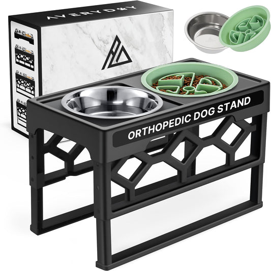 AVERYDAY Large Slow Feeder Dog Bowls Elevated, 4 Height Adjustable Raised Dog Bowl Stand with Stainless Steel Food and Water Bowl, Tall Dogs Feeding Station with Anti-Slip for Medium Large Breeds Dogs