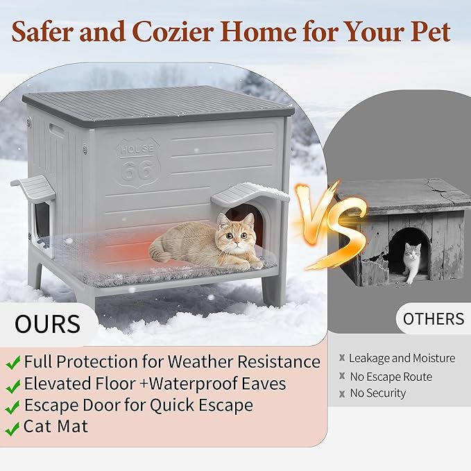 Cat House Outdoor with Cat Mat Weatherpoof Plastic Cats Houses with Escape Door Indoor Waterproof Feral/Pet Cat Shelter Outside for Puppy, Rabbit(Grey)