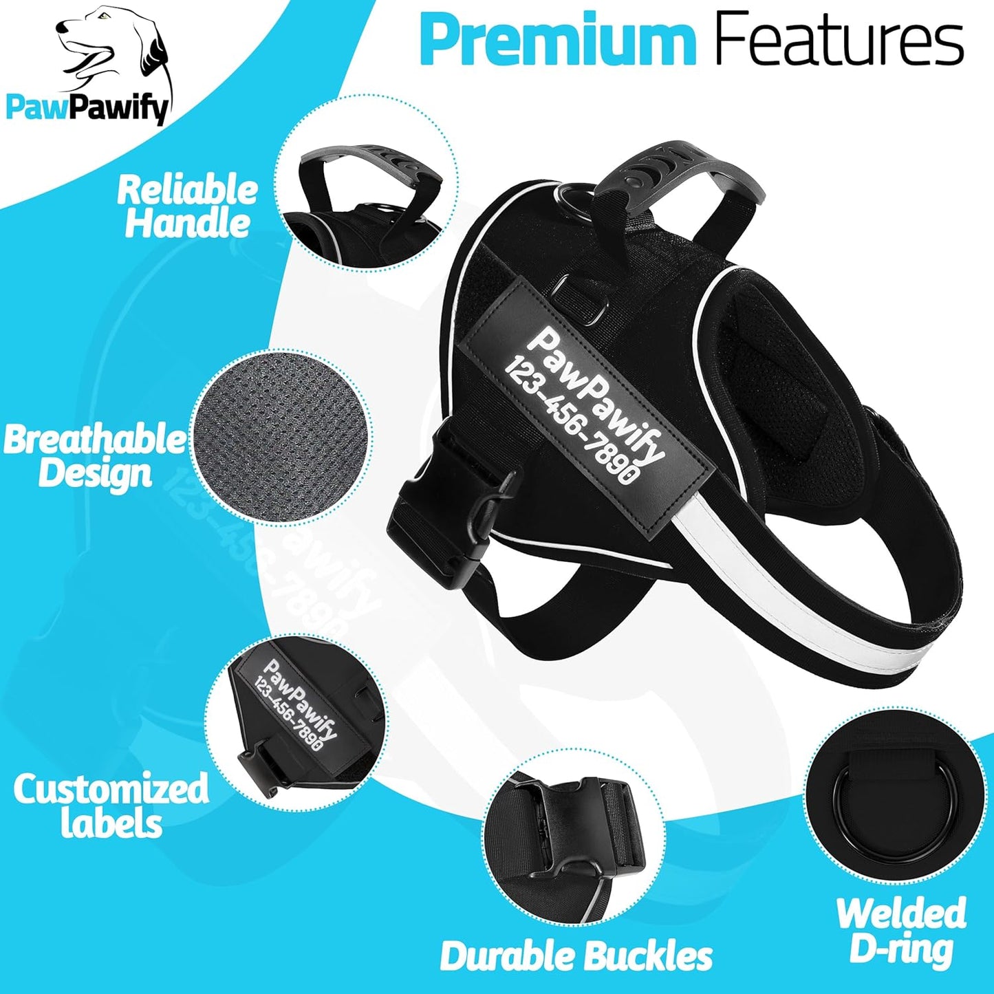 PawPawify Custom No Pull Dog Harness with Name and Phone Number, Heavy Duty Personalized Pet Vest to Prevent Tugging, Pulling, or Choking, Training and Walking (New Black, XS (Chest 14-17in))