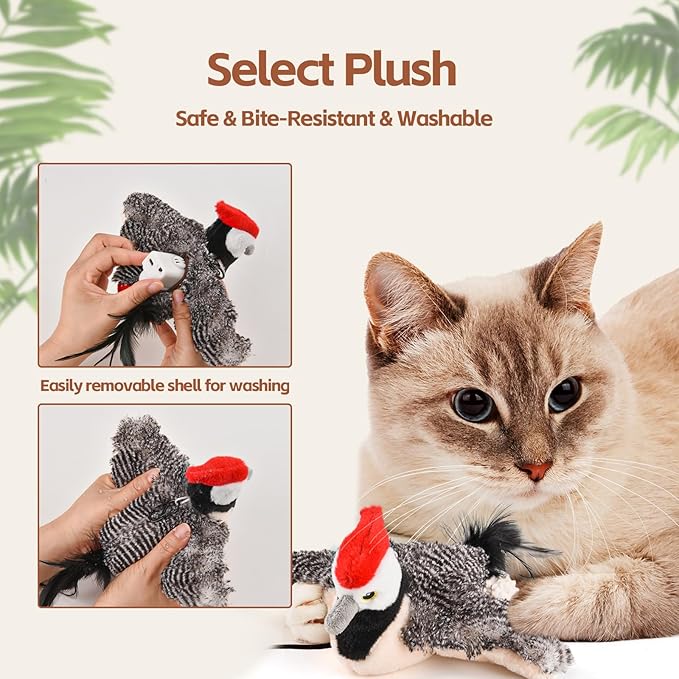 Flappy Bird Cat Toy for Indoor Cats, Simulated Chirping Flapping Wings Bird, Interactive Catnip Toys, Plush Kitten Exercise Toys (Woodpecker)
