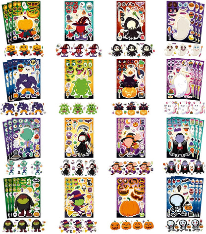 48 Sheets Halloween Make a Face Stickers for Kids, 16 Design Make Your Own Character Mix and Match Stickers Sheets Halloween Party Favor