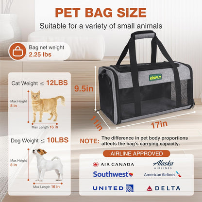 TSA Approved Pet Carrier in Cabin, 17"x11"x9.5" Soft Cat Carriers for Small Cats up to 12 lb, Top-Open Portable Dog Carrier with Litter Box and Anti-Scratch Mesh for Puppy up to 10 lb, Gray