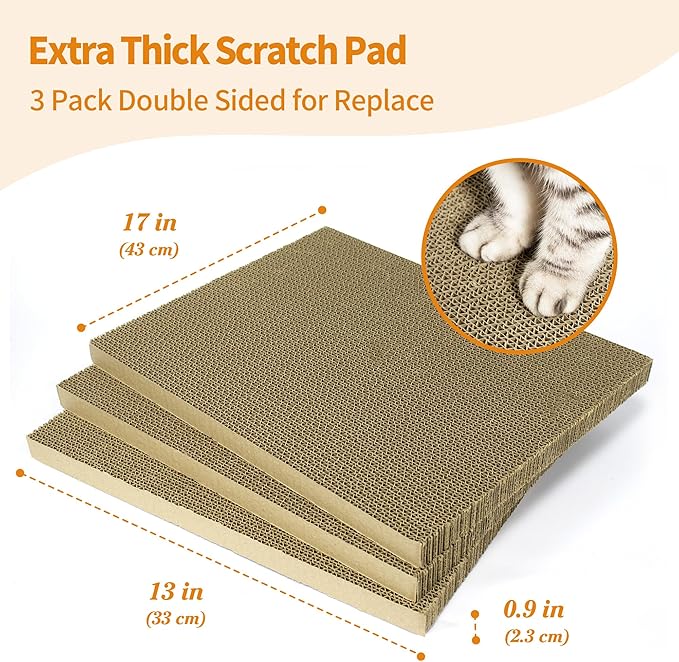 Larger Cat Scratcher Box, Heavy Duty Cat Bed with 3 Pack Refillable Double-Sided Cardboard Scratch Pad for Indoor Cats