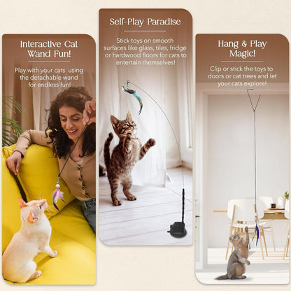 Interactive Bird Simulation Cat Feather Toy Set - Suction Cup Cat Toys for Indoor Cats, Natural Feathers, Bells & Easy Clip-On, Perfect for Indoor Cats - 2 Free Pads, Suctions to Ground