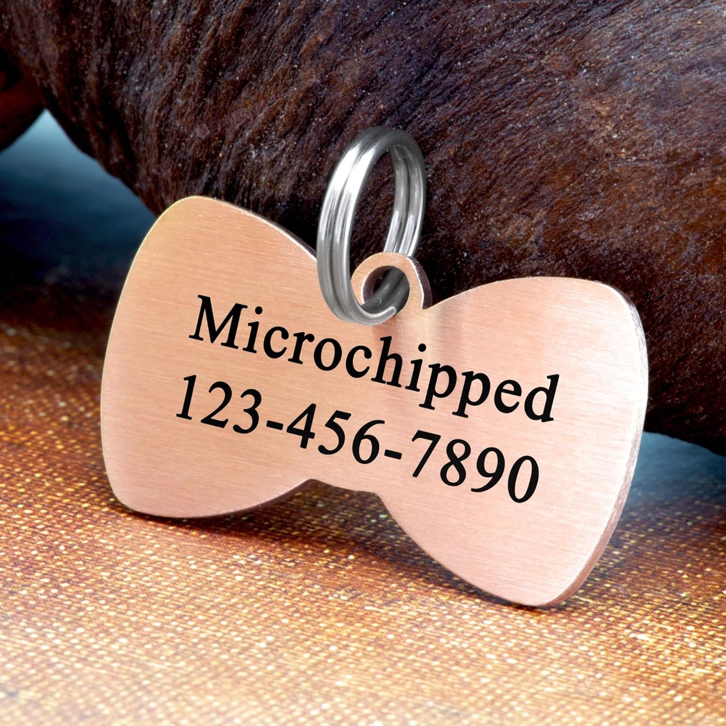 Ultra Joys Cat ID Tag Personalized Pet Tags, Durable Stainless Steel Small Pet Mini Dog Cat Tag Lightweight - Bowtie Tag in Rose Gold