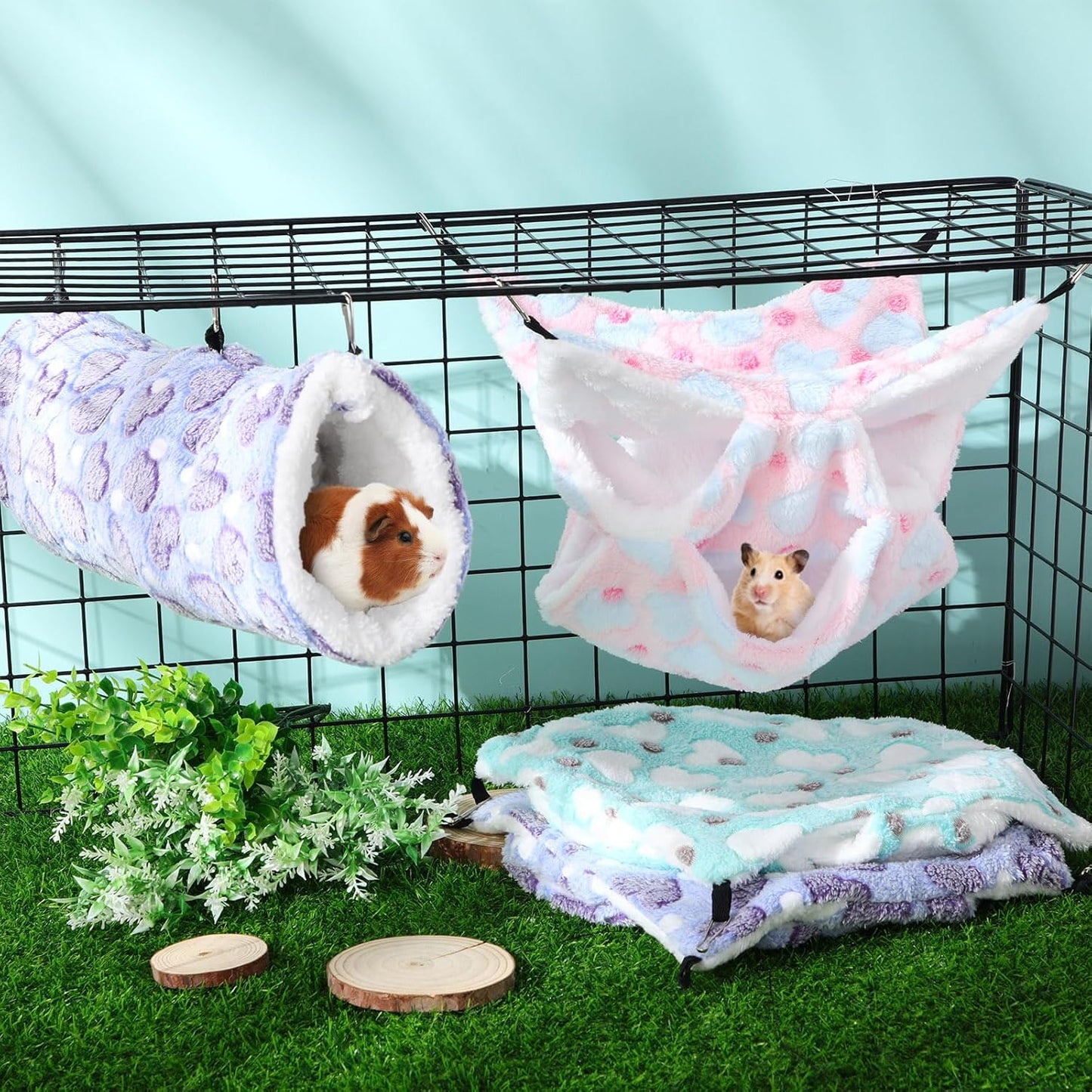 Sweetude 6 Pcs Rat Hammock Set Ferret Hanging Tunnel 3 Tier Guinea Pig Hammocks Hideout Soft Chinchilla Bed for Cage Accessories Hide,Play and Sleep(Lovely,Heart)