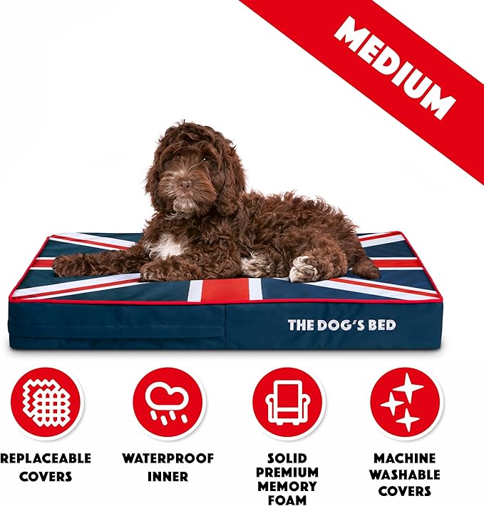 The Dog’s Bed Orthopedic Memory Foam Dog Bed, Medium Blue & Red Trim UK Center Flag, Pain Relief for Arthritis, Hip & Elbow Dysplasia, Post Surgery, Supportive, Calming, Waterproof Washable
