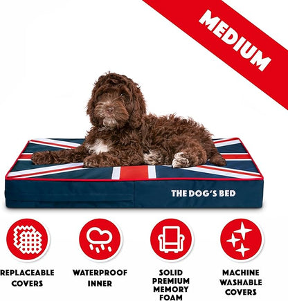 The Dog’s Bed Orthopedic Memory Foam Dog Bed, Medium Blue & Red Trim UK Center Flag, Pain Relief for Arthritis, Hip & Elbow Dysplasia, Post Surgery, Supportive, Calming, Waterproof Washable