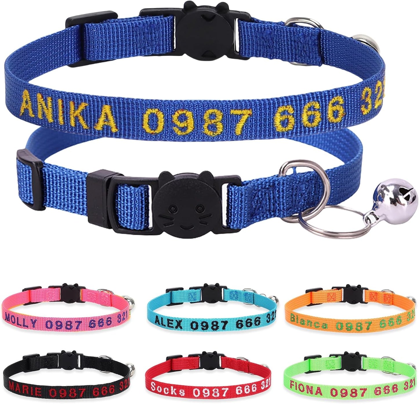 Personalized Cat Collars, Embroidered with Pet Name and Phone Number, Adjustable Nylon Breakaway Safety Release Buckle ID Collar,Custom Text with Bell for Cat or Kitten,Blue