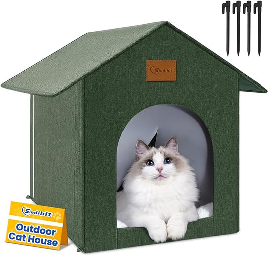 Outdoor Cat House Feral Cat Shelter,Outside Waterproof Cat House for Outdoor/Indoor Cats, Insulated Cat Bed for All Seasons with Cozy Cushion Easy to Assemble (Olive Green, floor spike style)