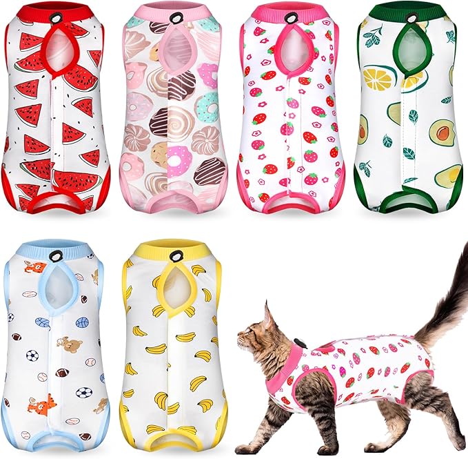 Kacctyen 6 Set Cat Recovery Suit After Surgery Female and Male Cat Kitten Surgery Suit E Collar Alternative Pajama Kitty Clothes for Spay Abdominal Skin Anti Licking(Fruit,Small)