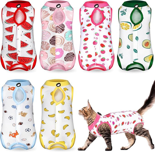Kacctyen 6 Set Cat Recovery Suit After Surgery Female and Male Cat Kitten Surgery Suit E Collar Alternative Pajama Kitty Clothes for Spay Abdominal Skin Anti Licking(Fruit,Large)