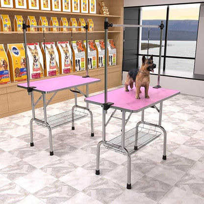 42" Dog Grooming Table Foldable Pet Grooming Tables with Adjustable Arm Noose Storage Mesh Tray Maximum Capacity Up to 330lbs Pink