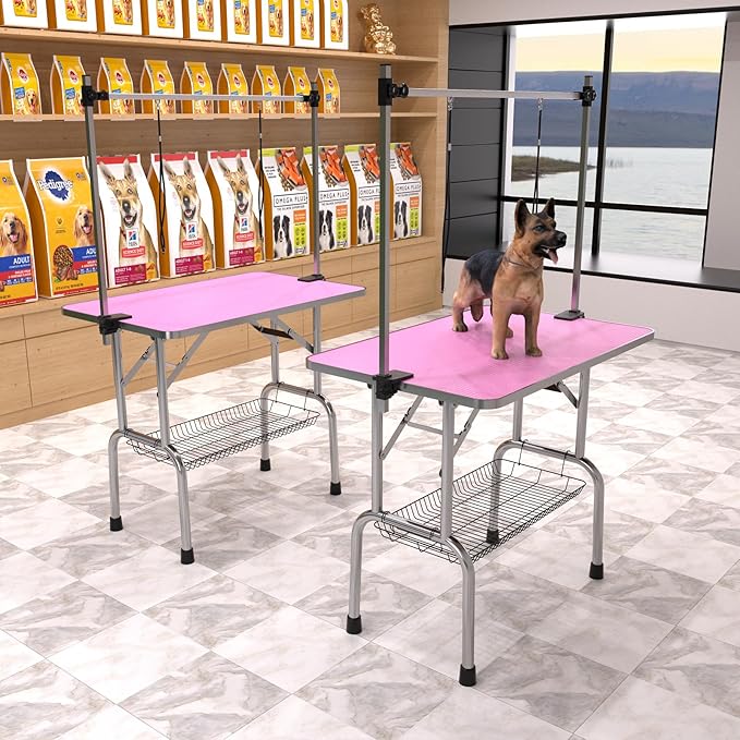 46" Dog Grooming Table Foldable Pet Grooming Tables with Adjustable Arm Noose Storage Mesh Tray Maximum Capacity Up to 330lbs Pink