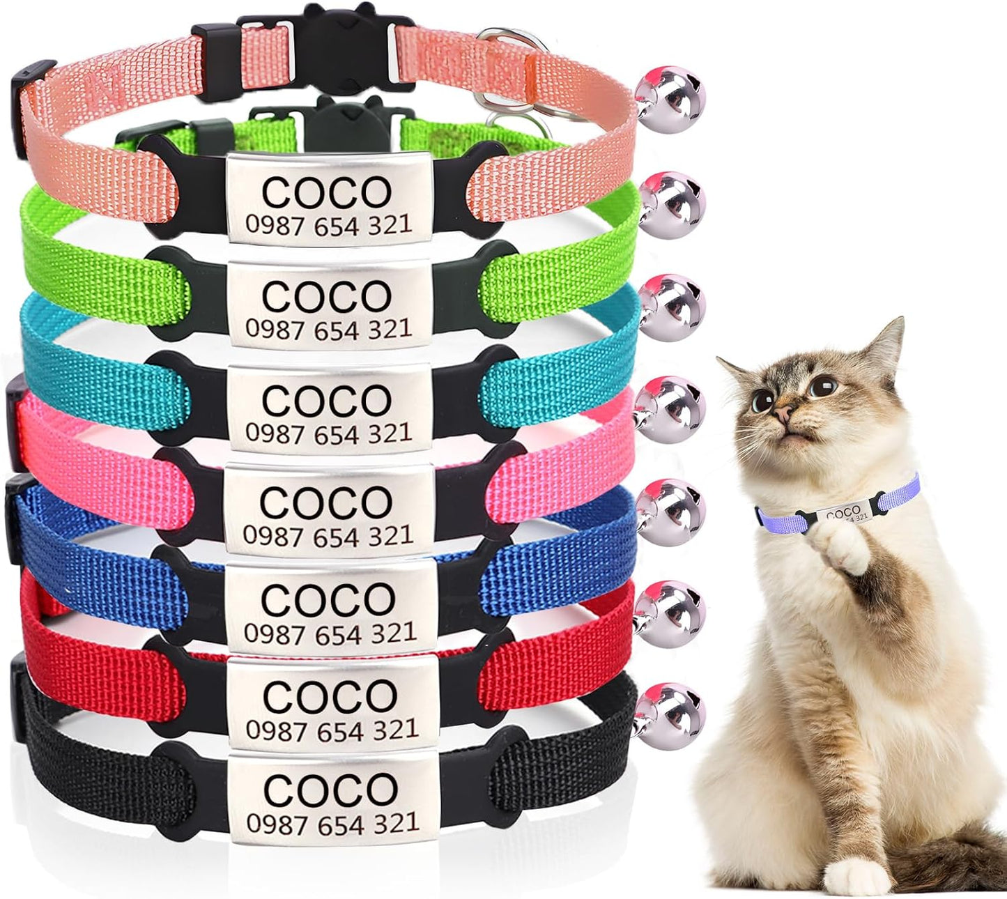 Personalized Kitten Cat Collar with Silent Slide On Silicone Name Tag | Adjustable and Durable Nylon Collar with Bell | Custom Laser Engraved Pet Name | Phone Number | Suitable for Kitten Cat