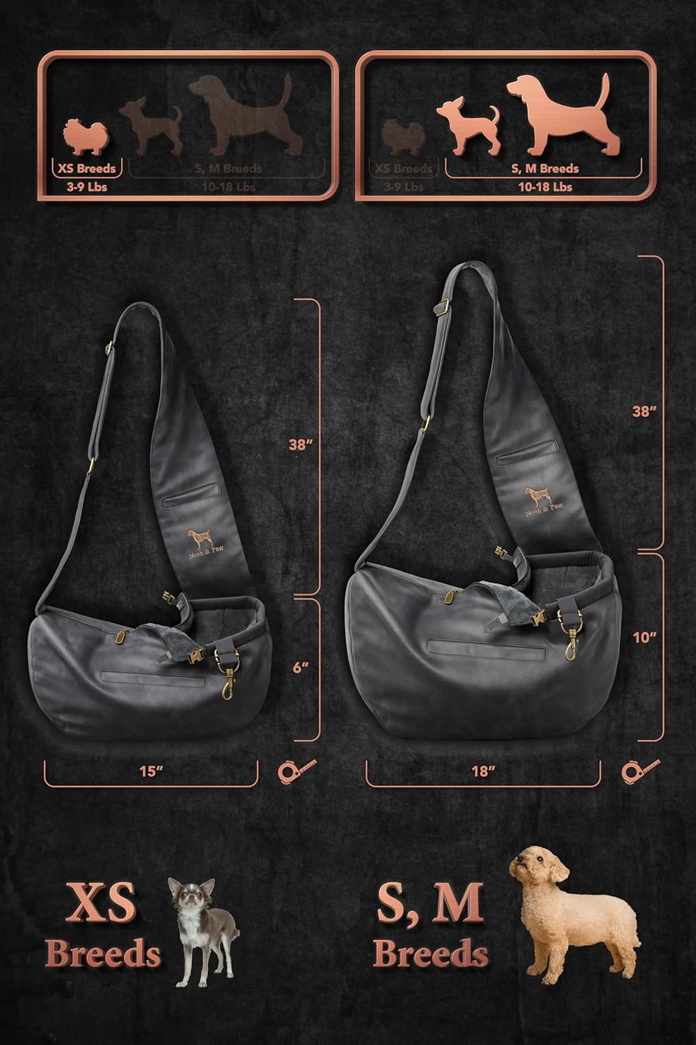 Noah & Paw Dog Sling Carrier for Small Dogs 5-18lb, Dog Sling for Small Dogs and Cats, Dog Carrier with Adjustable Padded Strap, Vegan Leather Lined with Fur, 3X Safety Features, Machine Washable