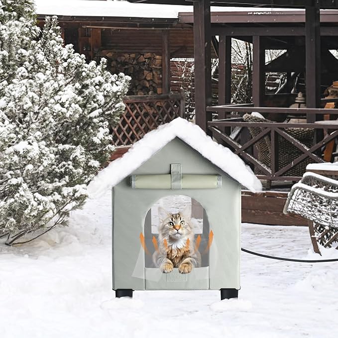 BWOGUE Elevated Heated Cat House for Outdoor Cats in Winter, Waterproof & Insulated Feral Cat Shelter for Outside Cats,Weatherproof Feral Cat House for Outside(Grey)