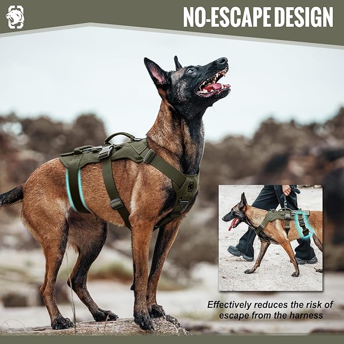 OneTigris Escape Proof Dog Harness, No Pull Dog Harness with Handles, Tactical Multi-Use Support Dogs Harnes for Large Dogs Everyday Wear Walking Hiking Training (Green, Medium)