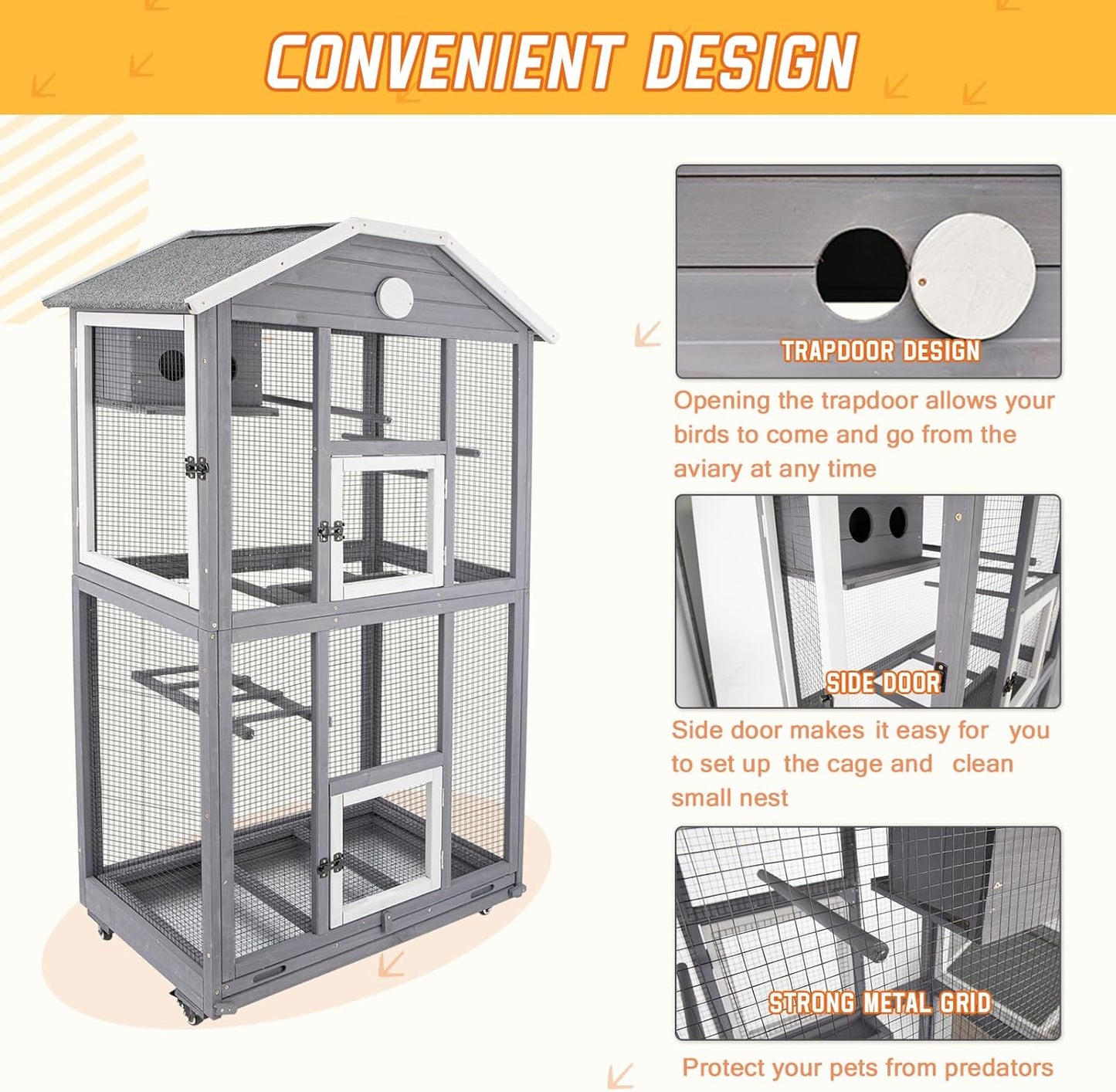 65in Outdoor Bird Aviary with Wheels,Wooden Bird Cage Indoor Finches Cage Flight cage Wire Mesh,Easy Clean Tray Perches Nest Feeder