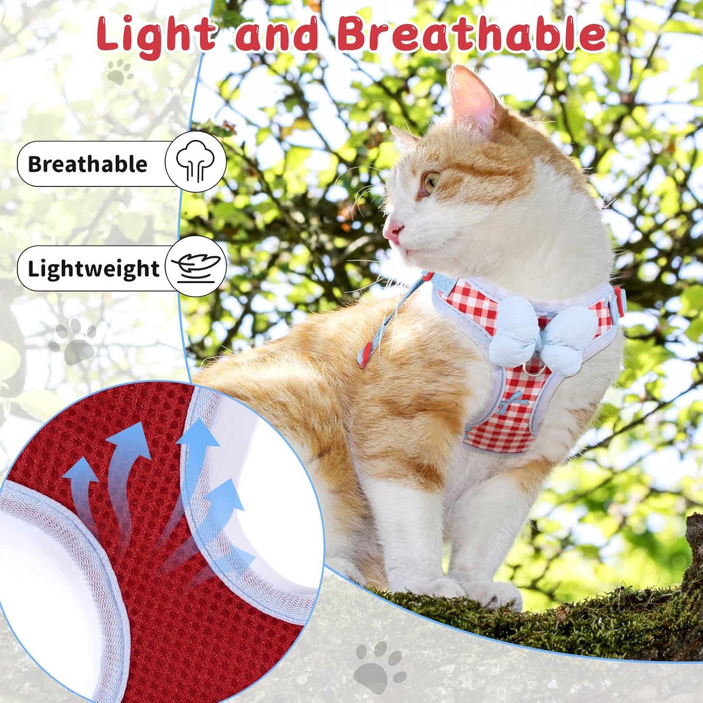 Cat Vest Harness and Leash Set for Walking Escape Proof, Adjustable Kitten Harness and Leash Set Breathable Mesh with Bow Harness for Kitty Puppy Bunny(Red Medium)