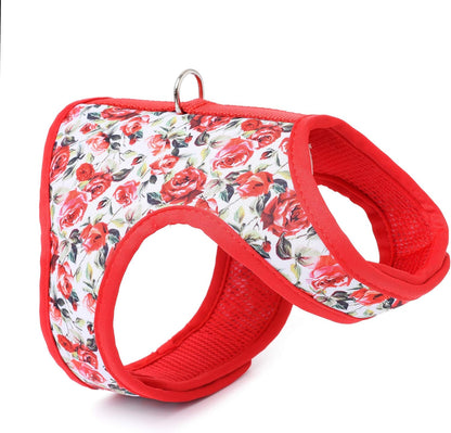 Mile High Life Dog Harness, Air Mesh Floral Vest Harness for 20 lbs Small Dogs & Cats, Easy Get on Adjustable Easy Closures Both Neck and Chest(Red Rose, XS Chest 14"-16")