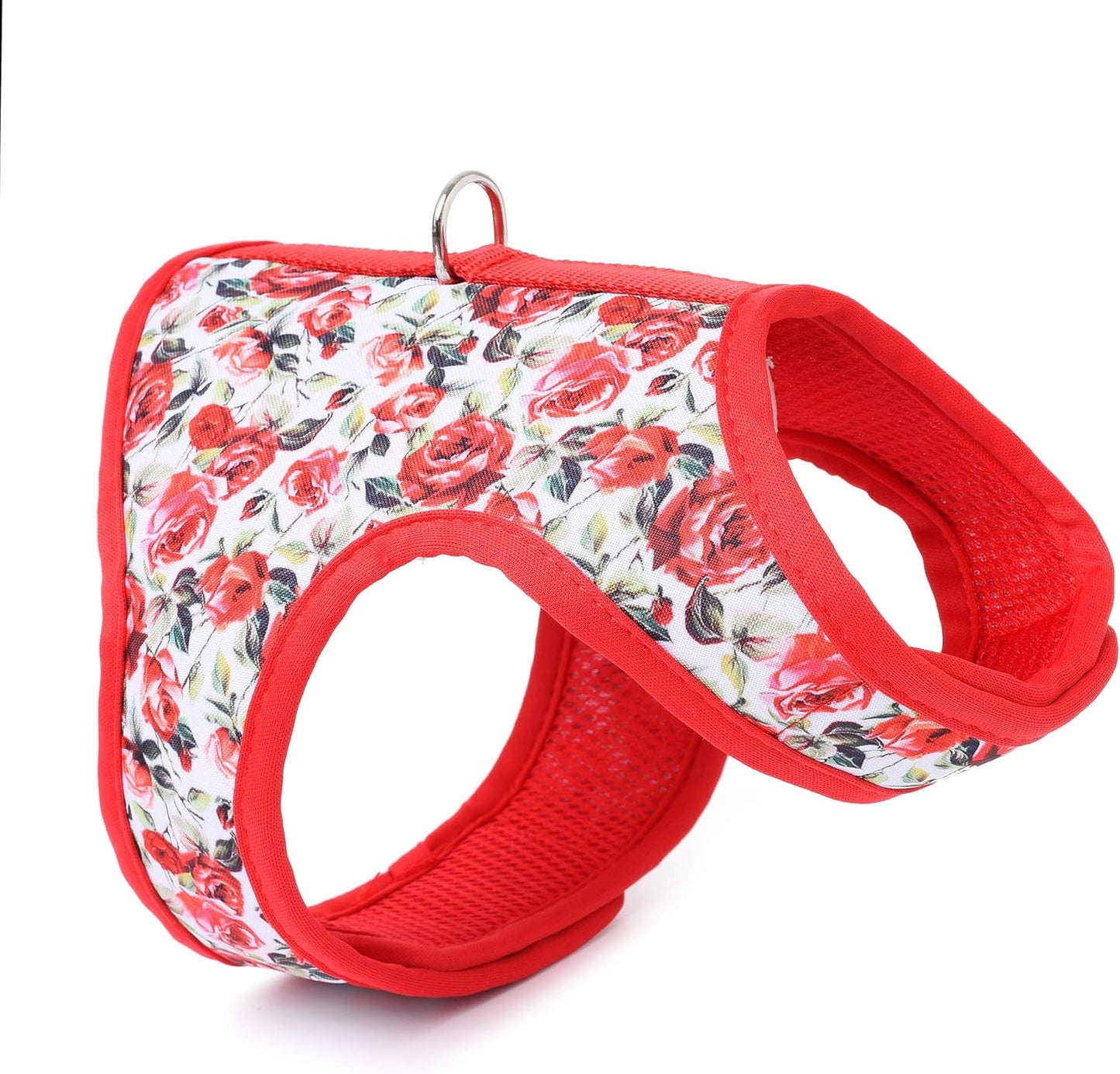 Mile High Life Dog Harness, Air Mesh Floral Vest Harness for 20 lbs Small Dogs & Cats, Easy Get on Adjustable Easy Closures Both Neck and Chest(Red Rose, S Chest 16"-18")