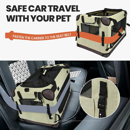 Large Cat Carrier for Car Travel, Soft Sided Collapsible Pet Carrier for Outdoor and Indoor Uses, Roomy Extra Large Cat Carrier for 2 Kittens or Puppies Up to 50lbs (Brown)