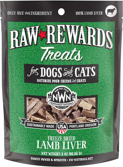 Northwest Naturals Raw Rewards Freeze-Dried Lamb Liver Treats for Dogs and Cats - Bite-Sized Pieces - Healthy, 1 Ingredient, Human Grade Pet Food, All Natural, Proudly Made in USA, 3 Oz