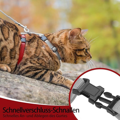 PUPTECK Adjustable Cat Harness and Leash Set Escape Proof Kitten Strap Collar for Walking Travel, Grey/Red Mixed