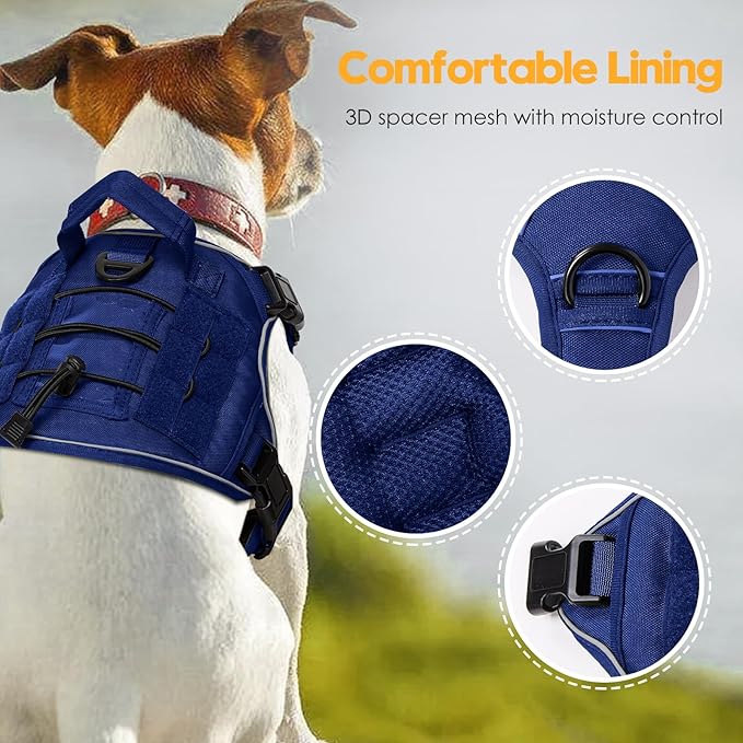 Heavy-Duty Tactical Dog Harness for Large Dogs, No Pull Adjustable Reflective Pet Vest with Molle System, K9 Military-Grade Control for Service Training, Outdoor & 10+ Breeds, Dazzling Blue, Medium