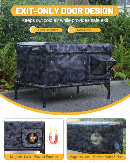 Premium Heated Cat House for Outside Cats, 100% Weatherproof & Windproof Escape Door, Elevated Base, Winter Insulated Feral Stray Outdoor Cat Shelter with Heater