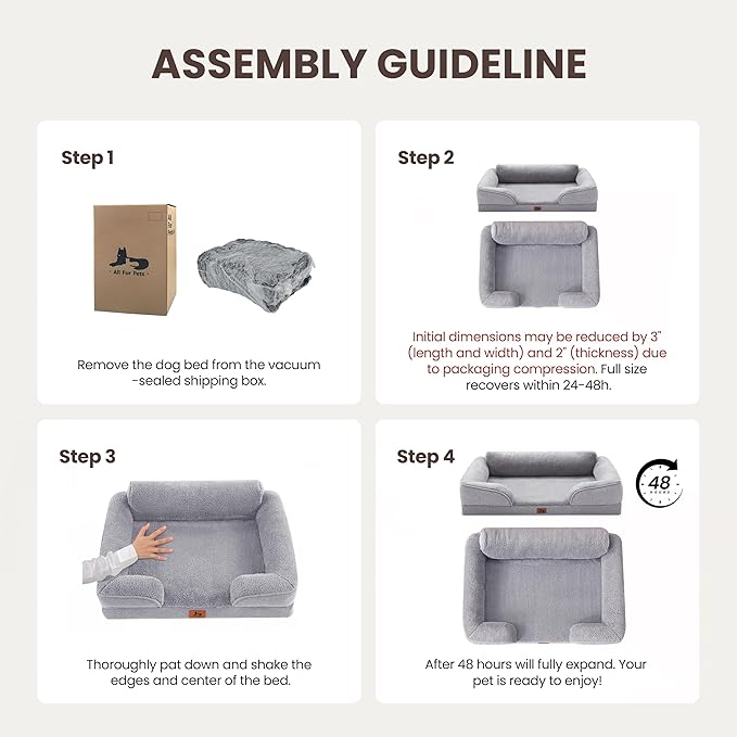 XL Orthopedic Dog Beds for Large Dogs, Waterproof Egg-Crate Foam Pet Couch Bed with Soft Sides, Non-Slip Dog Sofa with Fleece Removable Washable Cover, 42" L Supportive Pet Sofa, Light Grey