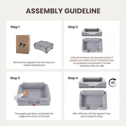 XL Orthopedic Dog Beds for Large Dogs, Waterproof Egg-Crate Foam Pet Couch Bed with Soft Sides, Non-Slip Dog Sofa with Fleece Removable Washable Cover, 42" L Supportive Pet Sofa, Light Grey