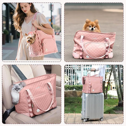 Pecute Dog Purse Carrier, Pet Carrier with Pockets for Small Dogs, Portable Small Dog Soft-Sided, Lightweight Dog and Puppies Tote Bag, Outing, Travel, Vet, Pink