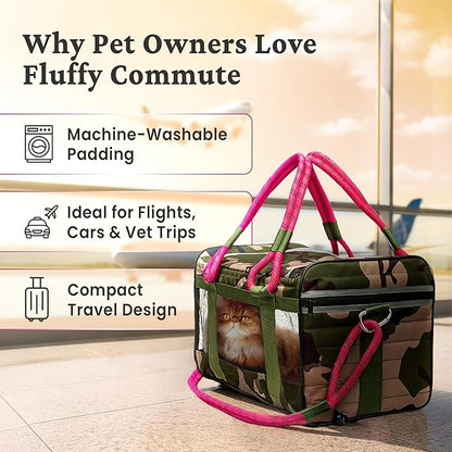 | TSA Airline Approved |Soft Sided Pet Carrier | Cat Carrier | Dog Carrier| Pets Up to 15 lbs | Leash & Luggage Strap | Camo Pink Handle