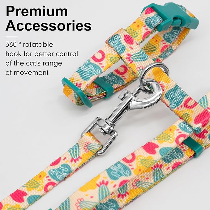 azuza Cat Harness and Leash Set for Safe Walking and Travel, Escape Proof Cat Harness, Lightweight Soft and Comfortable, Adjustable Kitten Harness for Small Medium Large Cats, Yellow Cactus