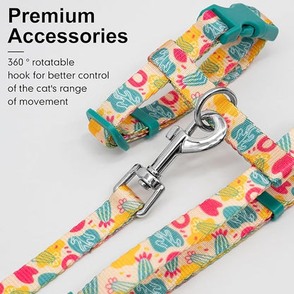azuza Cat Harness and Leash Set for Safe Walking and Travel, Escape Proof Cat Harness, Lightweight Soft and Comfortable, Adjustable Kitten Harness for Small Medium Large Cats, Yellow Cactus